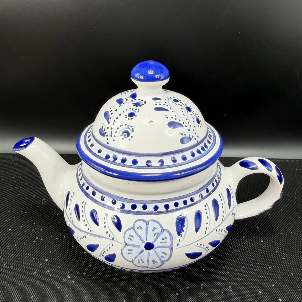 Le Souk Ceramique Teapot Sabrine Blue White Hand Painted Pottery Made in Tunisia